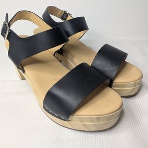 Nisolo Black Leather Platform Clog Sandal Wood Heel Open Toe Women's Size 7